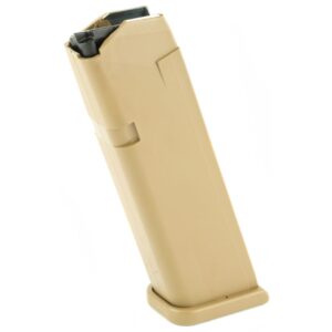 Glock 17/19x 9mm 17rd Magazine Coyote Factory glock 17/19x 17-round detachable magazine in coyote brown. Hardened steel insert encased in polymer with high-quality spring and follower for reliable feeding.