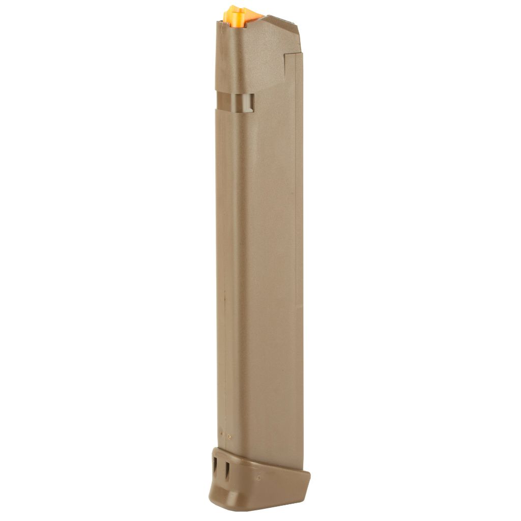 Glock 33rd 9mm Magazine Fde Polymer (g17/g34) Factory glock detachable magazine, 9mm caliber, 33-round capacity in flat dark earth polymer with orange follower. Replacement or spare magazine for compatible glock handguns.