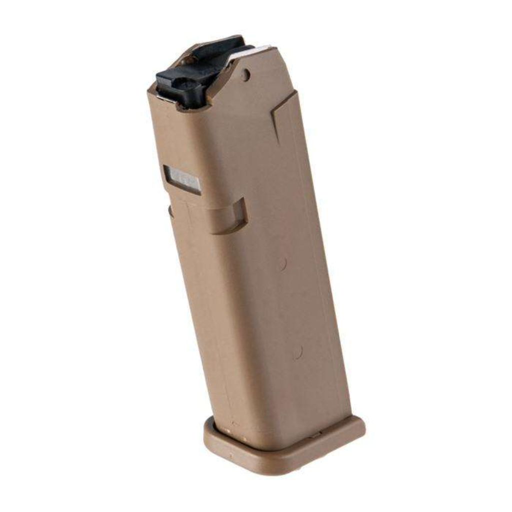 Glock G17/g19x 10rd 9mm Magazine Coyote Factory glock 10-round magazine for glock g17 and g19x pistols. 9mm capacity, coyote tan polymer body with hardened steel insert; packaged individually.