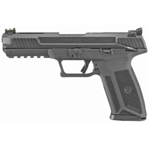 Ruger 57 5.7×28mm pistol with 20‑round flush‑fit magazine and black Cerakote finish on white background.