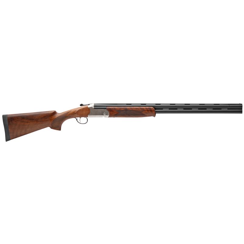 Stevens 555E 20 ga Enhanced over/under shotgun with 26‑inch barrels and fiber optic front sight on white background.