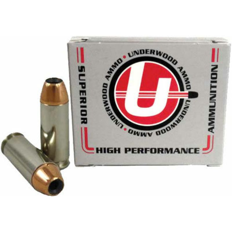 Box of Underwood 10 mm 155‑grain XTP™ jacketed hollow‑point cartridges (20 rounds) with nickel‑plated brass cases.